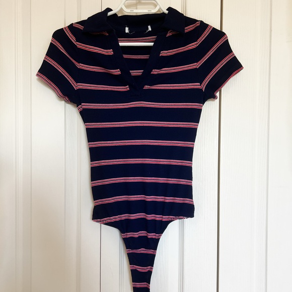 BODYSUIT SHORT SLEEVES SHIRT XS/SMALL NAVY BLUE & RED - Picture 2 of 2